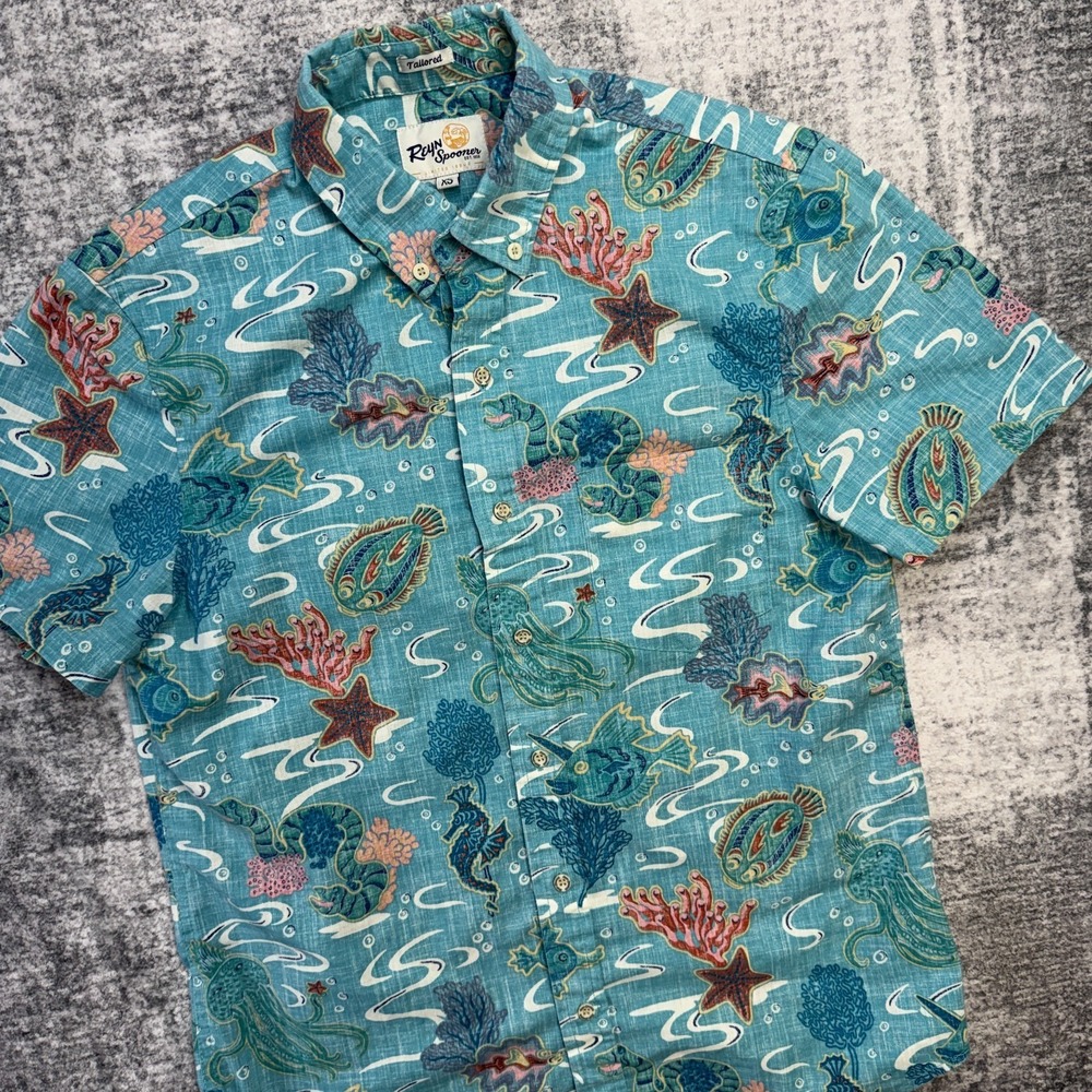 Reyn Spooner Sea Safari Shirt Mens XS Tailored Blue Hawaiian Aloha Reverse Print